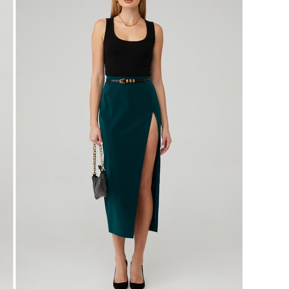 LAMARQUE Jay Maxi Peached Faux Leather Skirt Jade Green High Slit Size L NEW